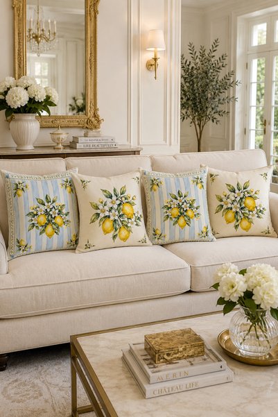 HOMESSA Lemon Blue Striped Runner and 4-Piece Throw Pillow Cover Set