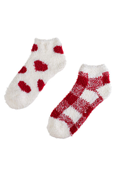 Zumzeria Short Fluffy Women's Socks Ecru Red with Checkered & Heart Pattern -...