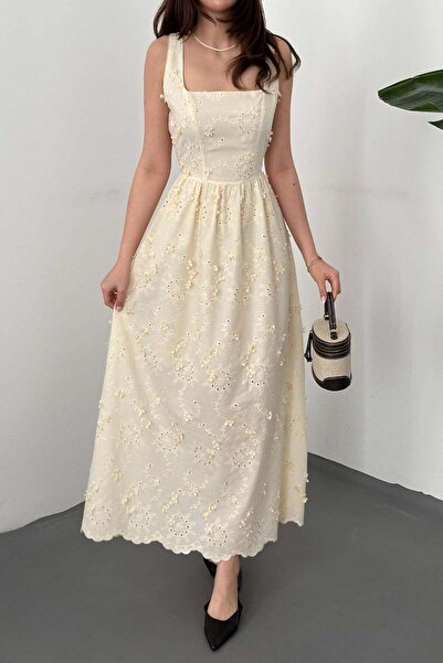 Caddebostan Moda Square Collar Embroidered Scallop Detailed Maxi Length Embro...