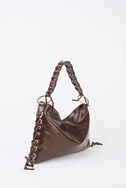 Vivaq Women's Violet Brown Lace Detailed Lined Zipper Closure Baguette Handbag
