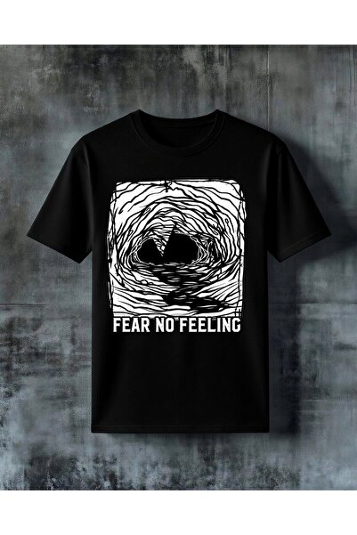 COMVİCHO تي شيرت كبير الحجم مطبوع عليه عبارة "fear no feeling kara delik"