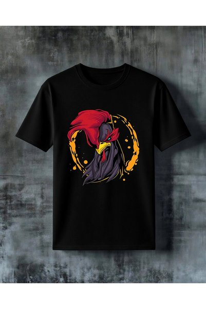 COMVİCHO Rooster Red Bass Printed Oversize T-Shirt
