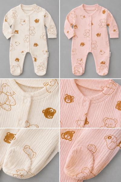 My Babies Label Kız Bebek 2’li Ayıcık Desenli Pamuklu Kumaş Tulum