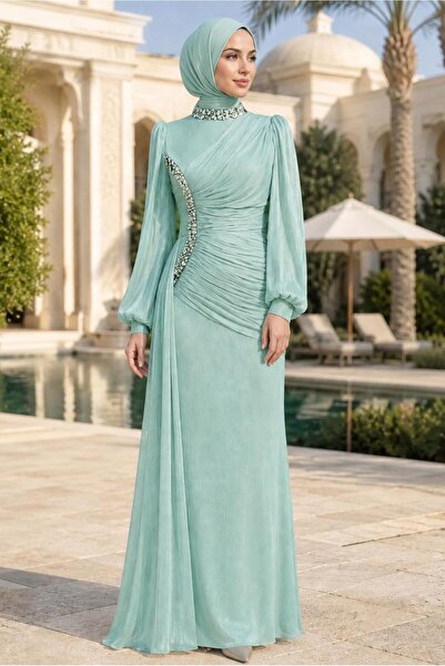 TRENDTESETTÜR KADIN YEŞİL (MİNT) DRAPE DETAYLI ABİYE ELBİSE T 9663