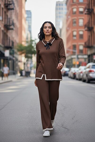 Intisimo Women's Knit Two-Piece Set, Decorative Bow, Brown