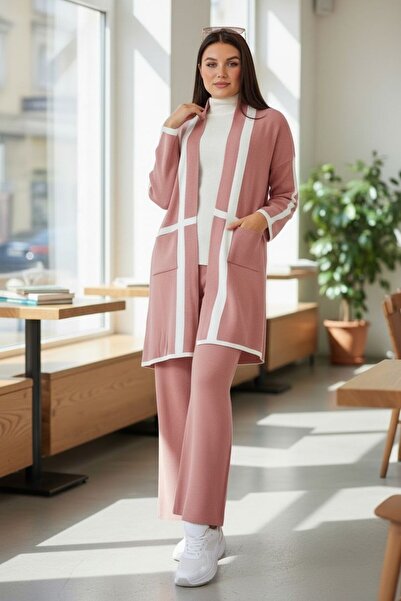 Intisimo Women's Knitted Three-Piece Classic Set, Powder Pink/White