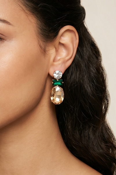 PETEK AKSESUAR Damla Crystal Stud Earrings 3 Cm.