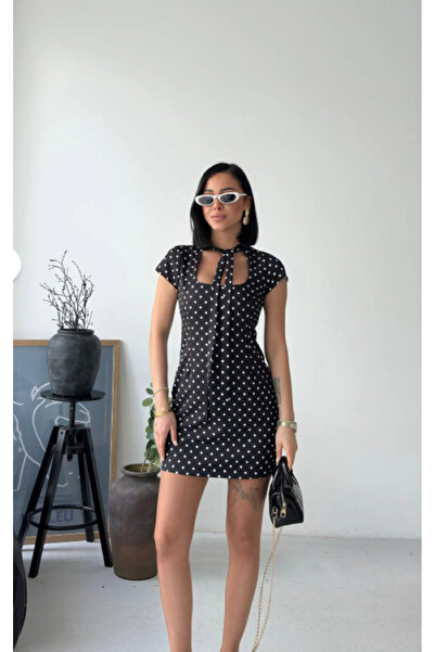 Rowsmen New Season Women's Polka Dot Halter Neck Short Sleeve White Black Dress