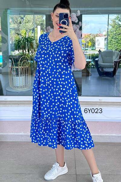 İnce Topuk V-Neck Ruffled Viscose Dress with Pockets 6Y023