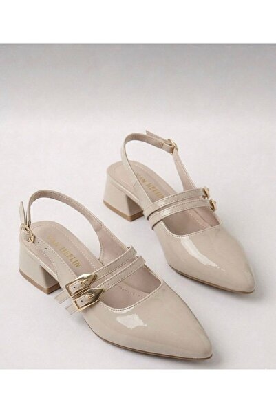 van heflin Arven Women's Beige Patent Leather Double Buckle Medium Thick Heel...