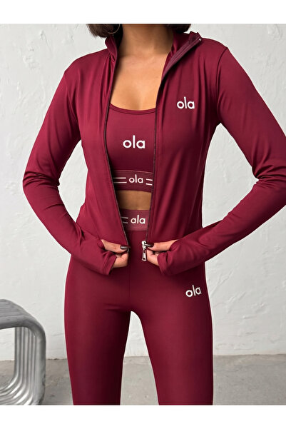 OLA Kadın 3'lü Spor Takımı - Fermuarlı Crop Ceket, Büstiyer ve Yüksek Bel Top...