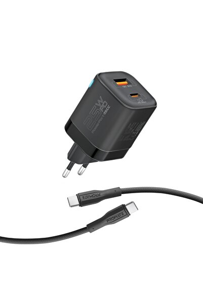 Promate شاحن ثنائي المنفذ مع منفذ USB-C PD بقوة 25 واط، ومنفذ USB QC 3.0 بقوة...