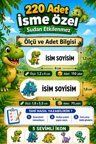 cabuk baskı Dinozor Temalı Okul Etiketi 220 Adet Özel İsim Yazılabilen Suya D...