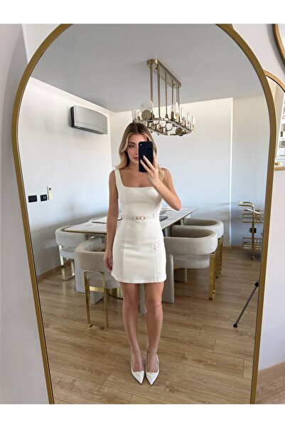 CKBUTİK Ekru Kemerli Mini Elbise-12419- ÖN SİPARİŞ ÜRÜNÜDÜR KARGO ÇIKIŞI 26.0...