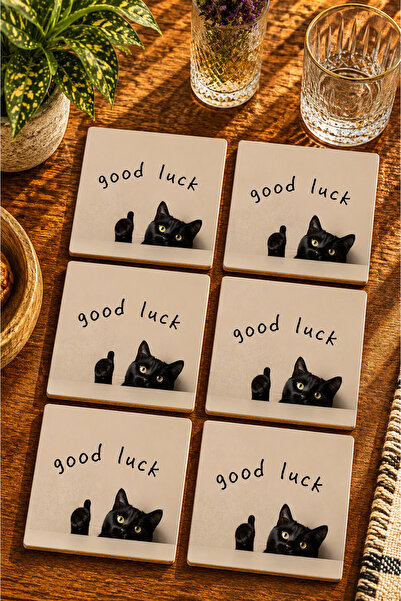 JHAAR مجموعة من 6 قطع من مفارش الأكواب بتصميم Good Luck Cat العصري - مطبوعة ب...