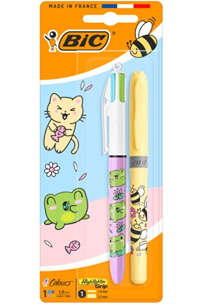 Bic 4 Colors Kawaii Animals 4-Color Ballpoint Pen + Highlighter Pen Set of 2