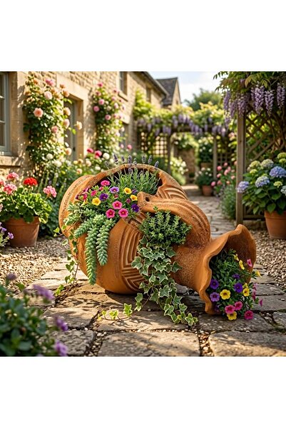 OEM Garden pot, lying jug, ceramic, flowing flowers, rustic yard ornament, 30cm