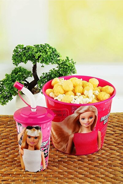 Cosiness Licensed Barbie Corn & Popcorn Box 2.25 Lt. + Glass with Lid and Str...