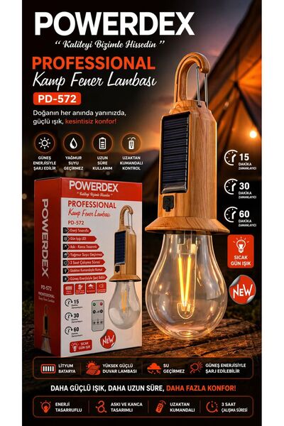 powerdex PD-572 Solar Şarjlı Kamp Feneri Uzaktan Kumandalı LED Kamp Lambası A...