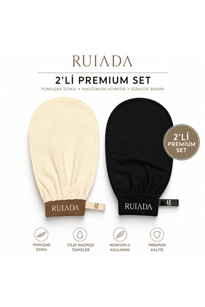 RUIADA 2’li Premium Kese Seti Ekru - Siyah Spa Banyo Peeling Eldiveni %100 Fl...