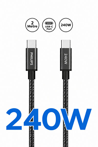 Philips 240W USB-C to USB-C Örgülü 2 Metre Hızlı Şarj ve Data Kablosu Siyah