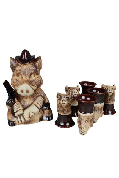LimArt Ceramic Schnapps Set Wild Boar Hunter Model, 1.1 Liter Bottle and 6 Gl...