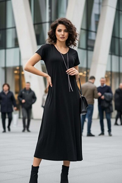 Mossta Rochie midi din viscoză cu mâneci scurte și decolteu în V - Negru