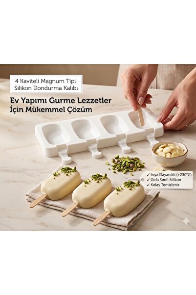 Saatick 4 Kaviteli Magnum Tipi Silikon Dondurma Kalıbı KÜÇÜK Boy – 50 Adet Ah...