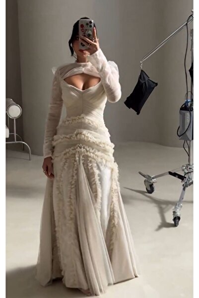 NALA FASHION Ivory White Long Evening Dress, Luxurious Layered Embroidered La...