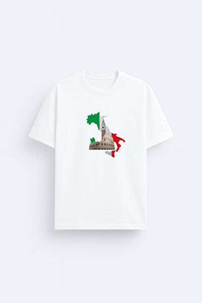 AYDESİGN Printed Cotton Fabric White T-Shirt with Italy Map and Flag Theme