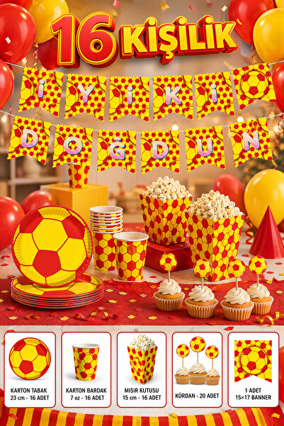 KullanAtParty 16 Kişilik Sarı Kırmızı Taraftar Temalı Full Parti Seti - Şampi...