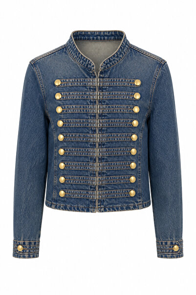 HAZELANNA Gold Buttoned High Collar Washed Denim Jacket