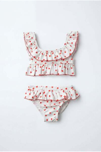 Magu Kız Çocuk Pamuklu Kalp Desenli Fırfırlı Bikini Mayo Takımı