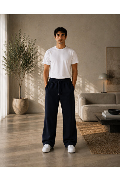 ADR MODA Men's Navy Blue High Waist Wide Leg Sweatpants with Side Pockets