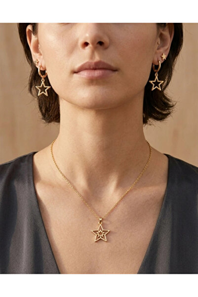 twingold Star Detailed 3-Piece Gold Color Necklace Earring Set