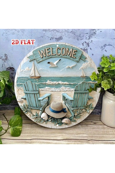 Choice 20x20cm 1pcs Coastal Welcome Sign 2D 8in Wooden Circular with Beach Ch...