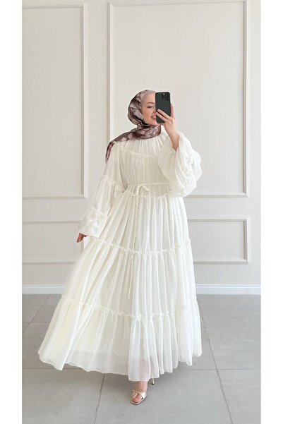 Sara Deluxe Layered Chiffon Hijab Dress with Lining and Belt, Maxi Length