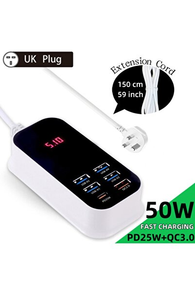 Choice شاحن بريطاني حقيقي بقوة 50 واط مع 6 منافذ USB من النوع C يدعم PD وQC3....
