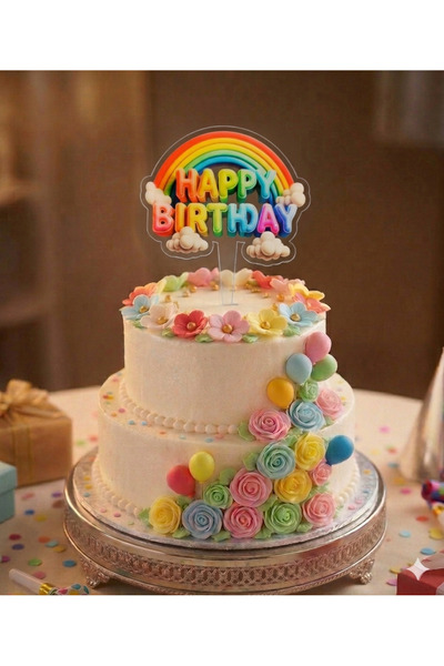 BEST PARTİ Gökkuşağı Happy Bırthday Doğum Günü Pasta Üstü Pleksi Yazı