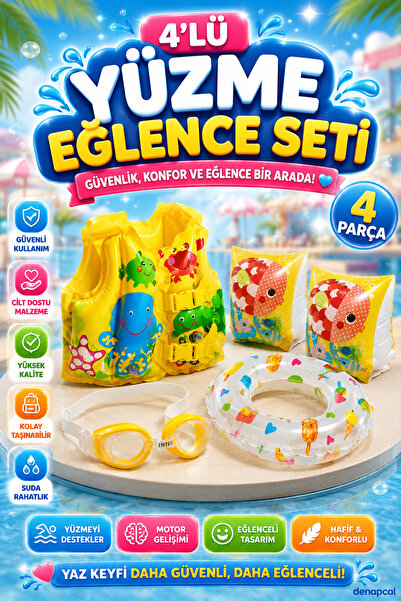 DENAPCAL Çocuk Yüzme Eğlenceli Öğrenme Seti 4'Lü– Çocuk Can Yeleği Kolluk Sim...