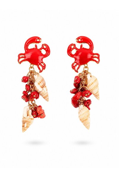 serelya Red Crab Model Sea Shell Detailed Women's Earrings