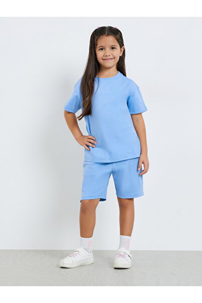 Styli Girls Solid Blue Cotton T-Shirt and Shorts Set