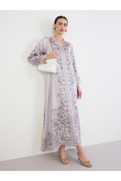 Amirah By Styli Grey Placement Print A-Line Jalabiya