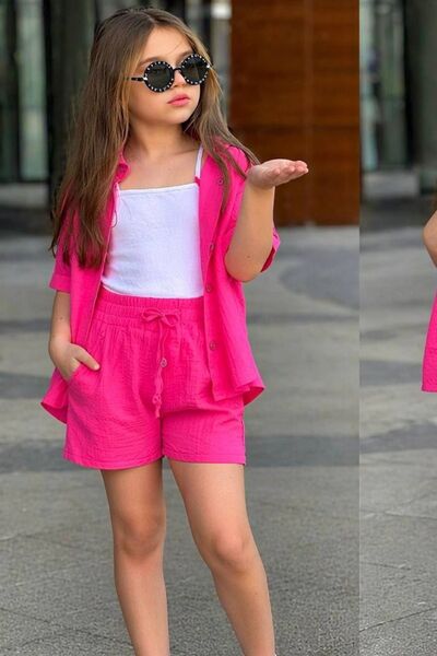 aura7 collection Girl's Muslin Shirt and 3-Piece Shorts Set