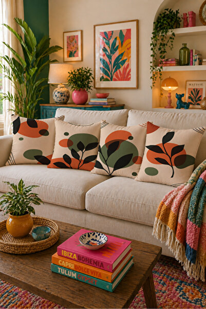 LadiesHome Orange Green Abstract Leafy 4-Piece Throw Pillow Cover Set 43X43 c...