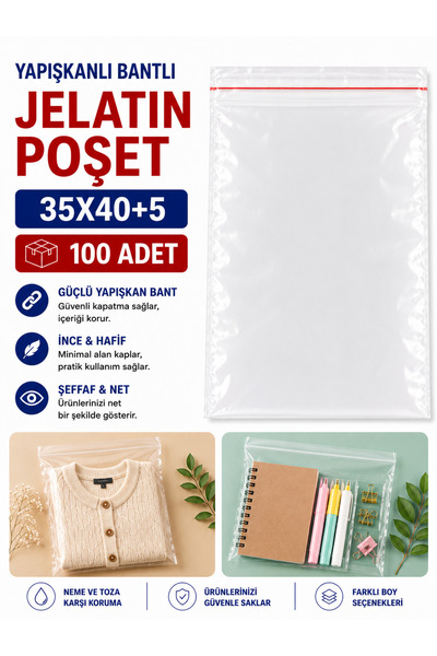 Eliz Party Yapışkanlı Bantlı Jelatin Poşet 35x40+5 cm 100 Adet Şeffaf Ambalaj...