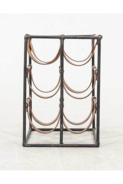 Rack And Cork - Modern Hakiki Deri Tutucu Metal 6 Şişelik Raf, Doğal Deri Tezgah Üstü Bağımsız Şişelik