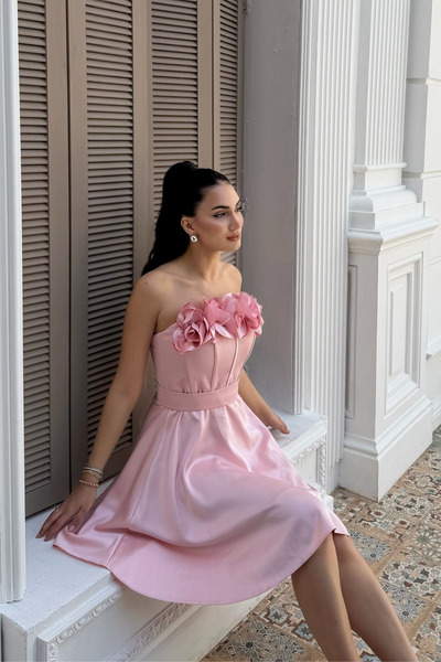 Sindimoda Blanca Straplez Gül Detay Mini Elbise 1101