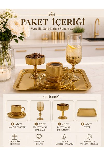 isra kristal Aura Gold Coffee Presentation Set with Tray, Coffee Cup, Turkish Coffee Pot and Coffee Side Cup - Damat Kahvesi