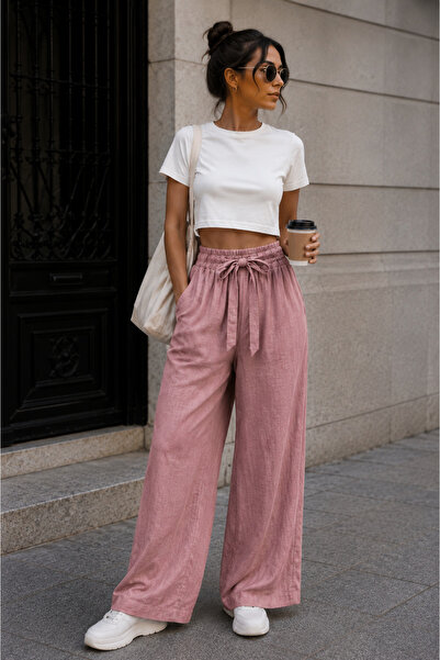 Get Crazy Women's Waist Belted Wide Leg Viscose Trousers
